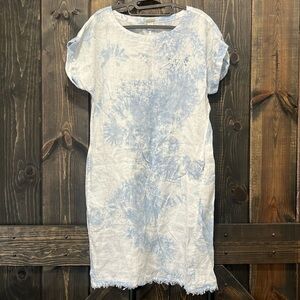 Magaschoni Cloudy Tie Dye Dress M Blue White Frayed Raw Hem Boho Cuffed‎ Short